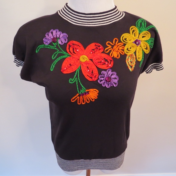 Vintage 80s Statement Knit Top | Ribbon Embroidery & Gem Accents | Retro Glam - Picture 1 of 8